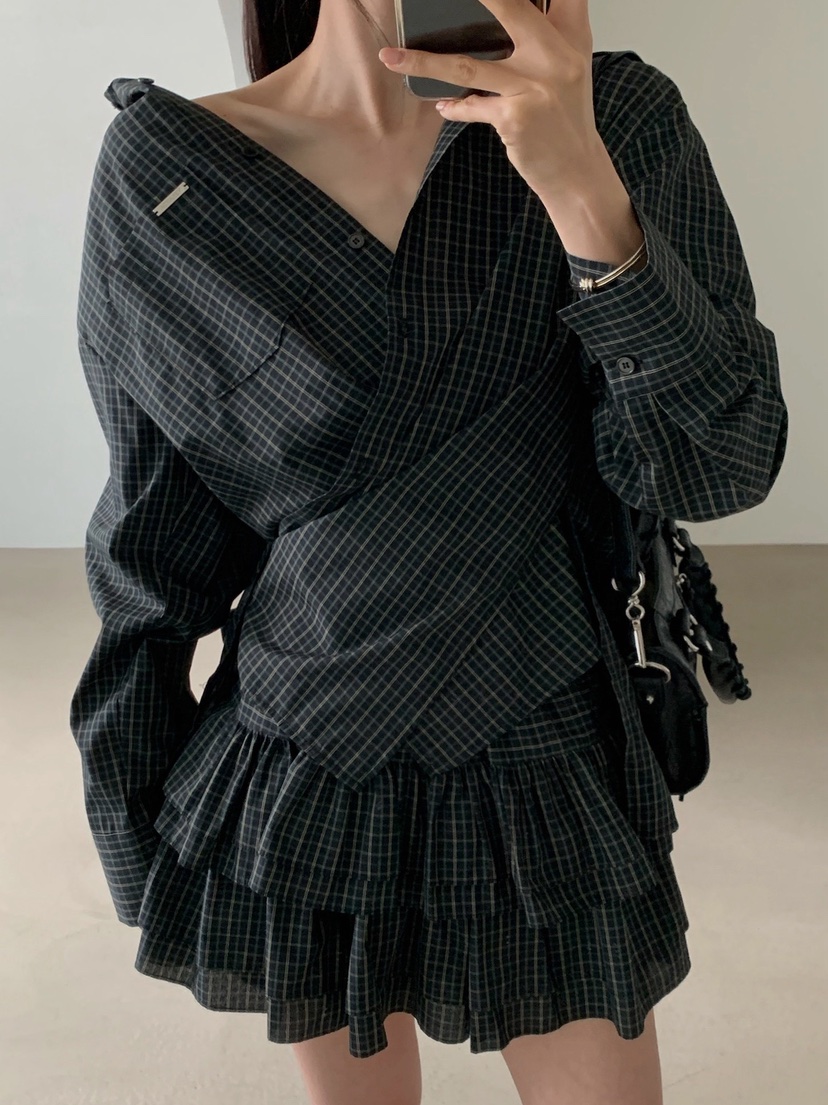 VERANDA韓國代購女士新品推薦休閑真品26春夏襯衫蕾絲衫格紋VERANDA襯衫/蕾絲衫