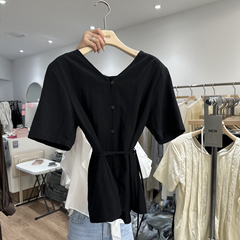 LEWIN韓國直郵實拍女士新品職業人氣襯衫蕾絲衫含腰繩雙面LEWIN襯衫/蕾絲衫圖色2