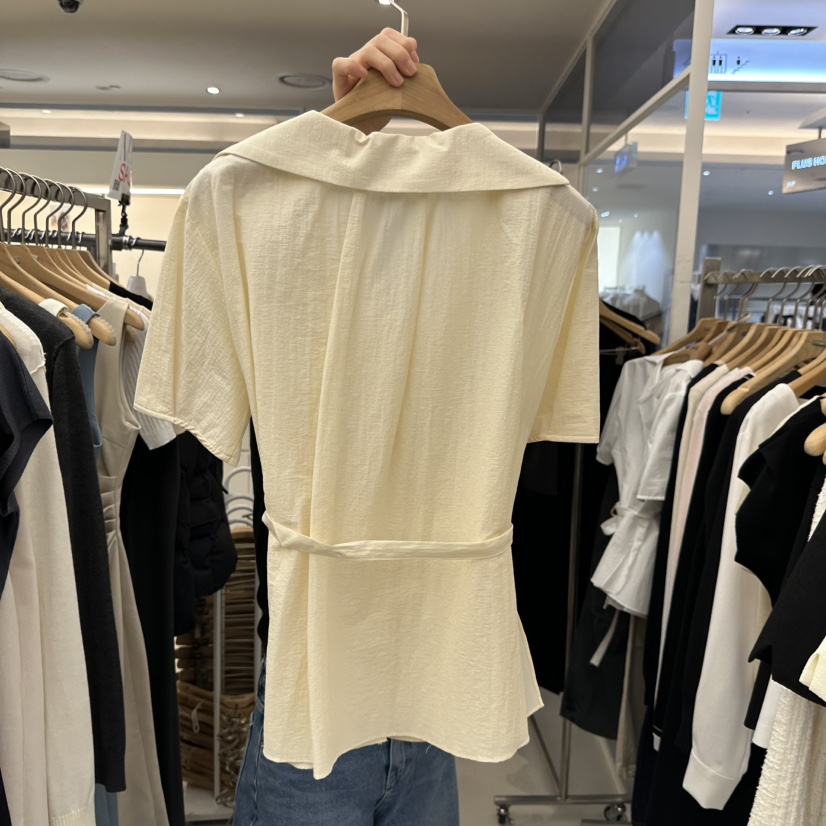 MER韓國代購女士新款職業26春夏熱賣襯衫蕾絲衫含腰帶亞麻布MER/ANGELO BIANCO襯衫/蕾絲衫