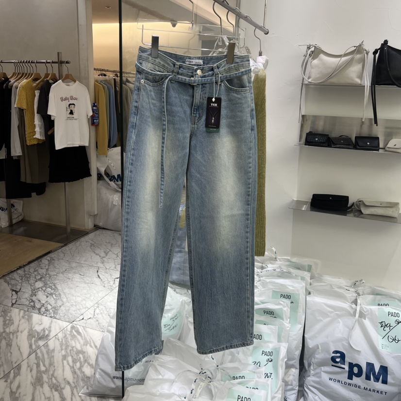 PADO東大門代購女士新品推薦26春夏時尚牛仔褲含腰帶系帶PADO牛仔褲圖色1