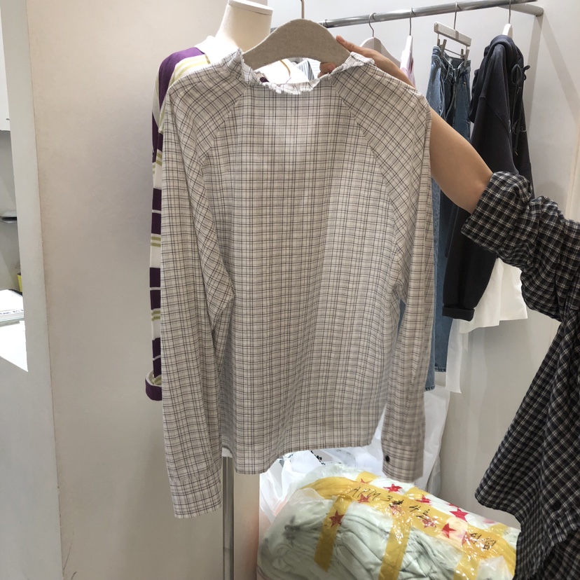 ASOME韓國直郵女士新品休閑真品襯衫蕾絲衫荷葉邊復古格紋A.SOME襯衫/蕾絲衫