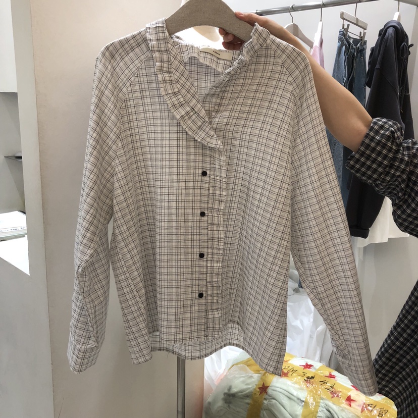 ASOME韓國直郵女士新品休閑真品襯衫蕾絲衫荷葉邊復古格紋A.SOME襯衫/蕾絲衫圖色1