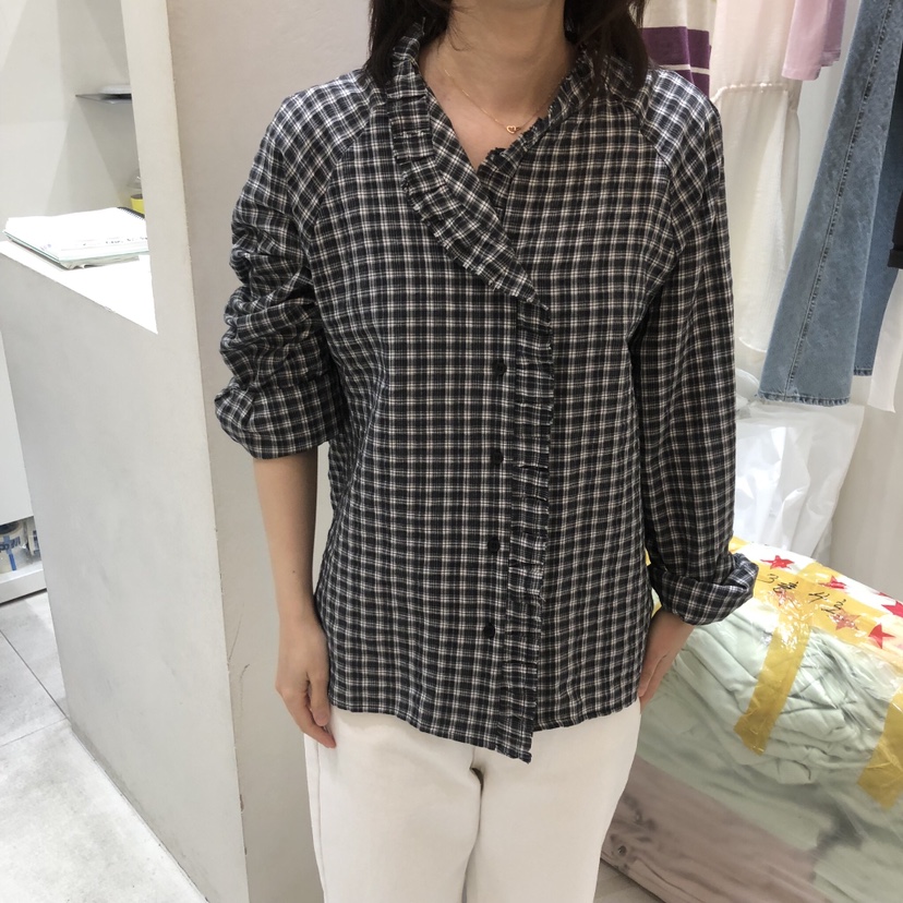 ASOME韓國直郵女士新品休閑真品襯衫蕾絲衫荷葉邊復古格紋A.SOME襯衫/蕾絲衫圖色3