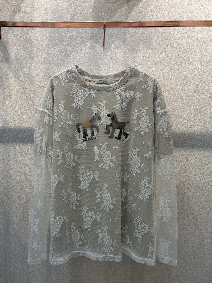 SYMBOL東大門直郵女士新品職業26春夏時尚長袖T恤雙排扣蕾絲SYMBOL長袖T恤