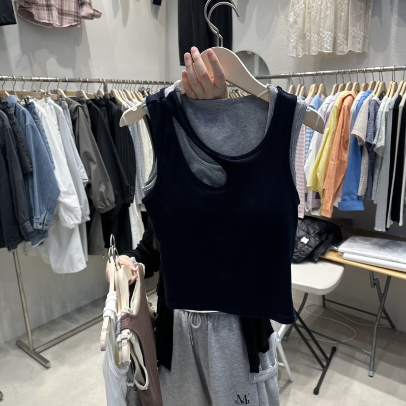 HOT PLACE/DREAM GIRIS/HOT ISSUE韓國東大門代購女士新款推薦吊帶背心假兩件HOT PLACE/DREAM GIRIS/HOT ISSUE吊帶/背心圖色4深藍色