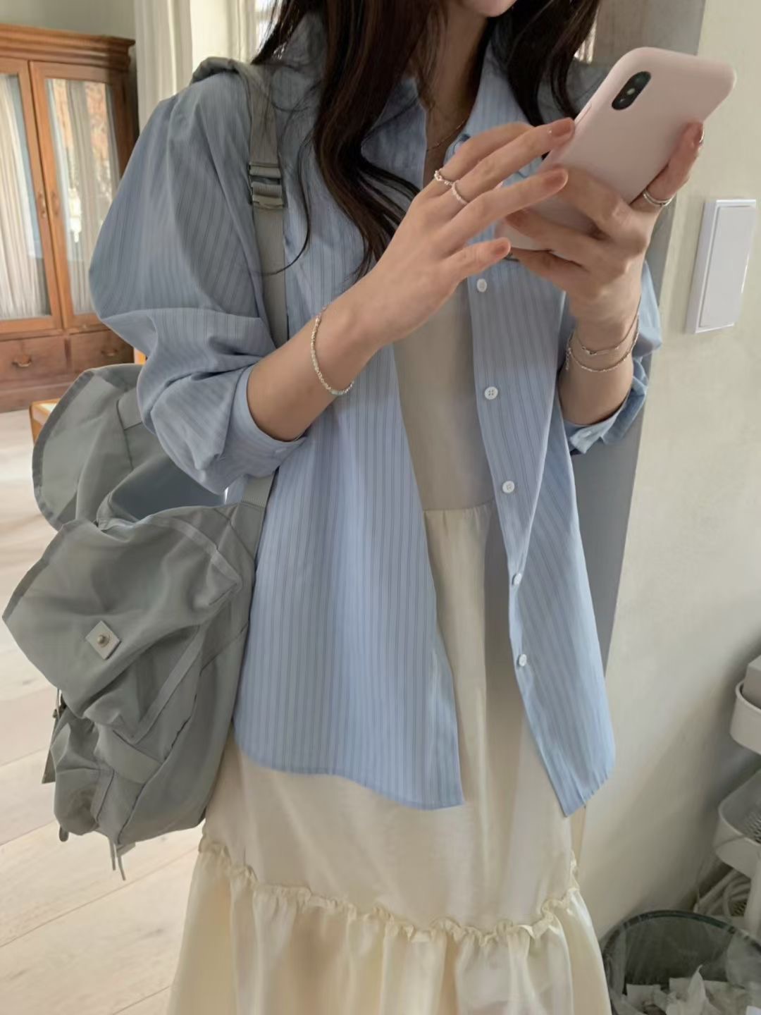 PYT-ot韓國直郵女士新品26春夏真品襯衫蕾絲衫不含內搭條紋pretty young thing襯衫/蕾絲衫