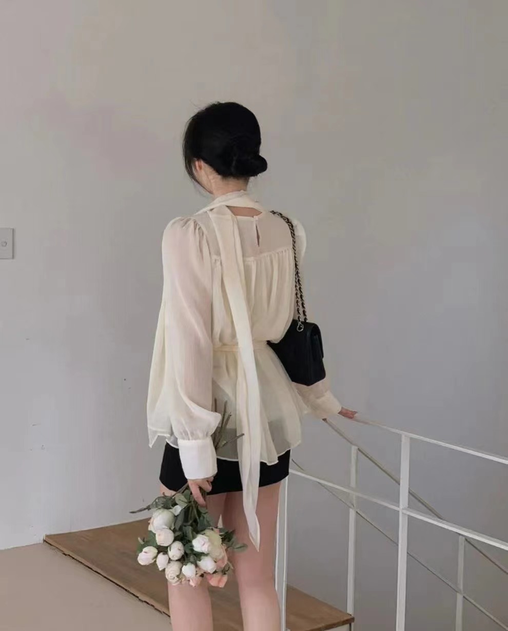 GOSSIP GIRL東大門直郵女士新款休閑襯衫蕾絲衫含腰帶雪紡羅紋GOSSIP GIRL襯衫/蕾絲衫