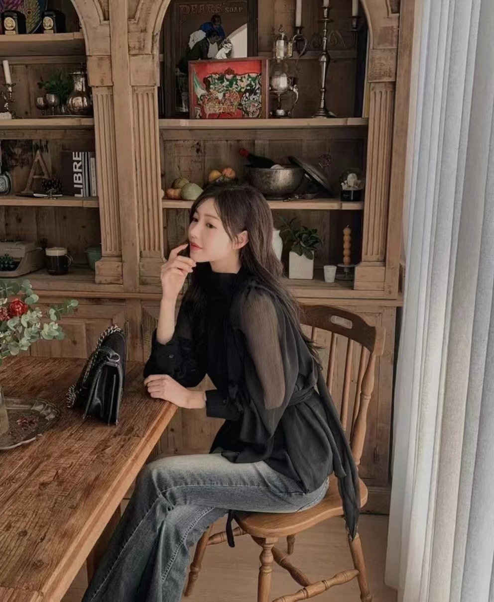 GOSSIP GIRL東大門直郵女士新款休閑襯衫蕾絲衫含腰帶雪紡羅紋GOSSIP GIRL襯衫/蕾絲衫