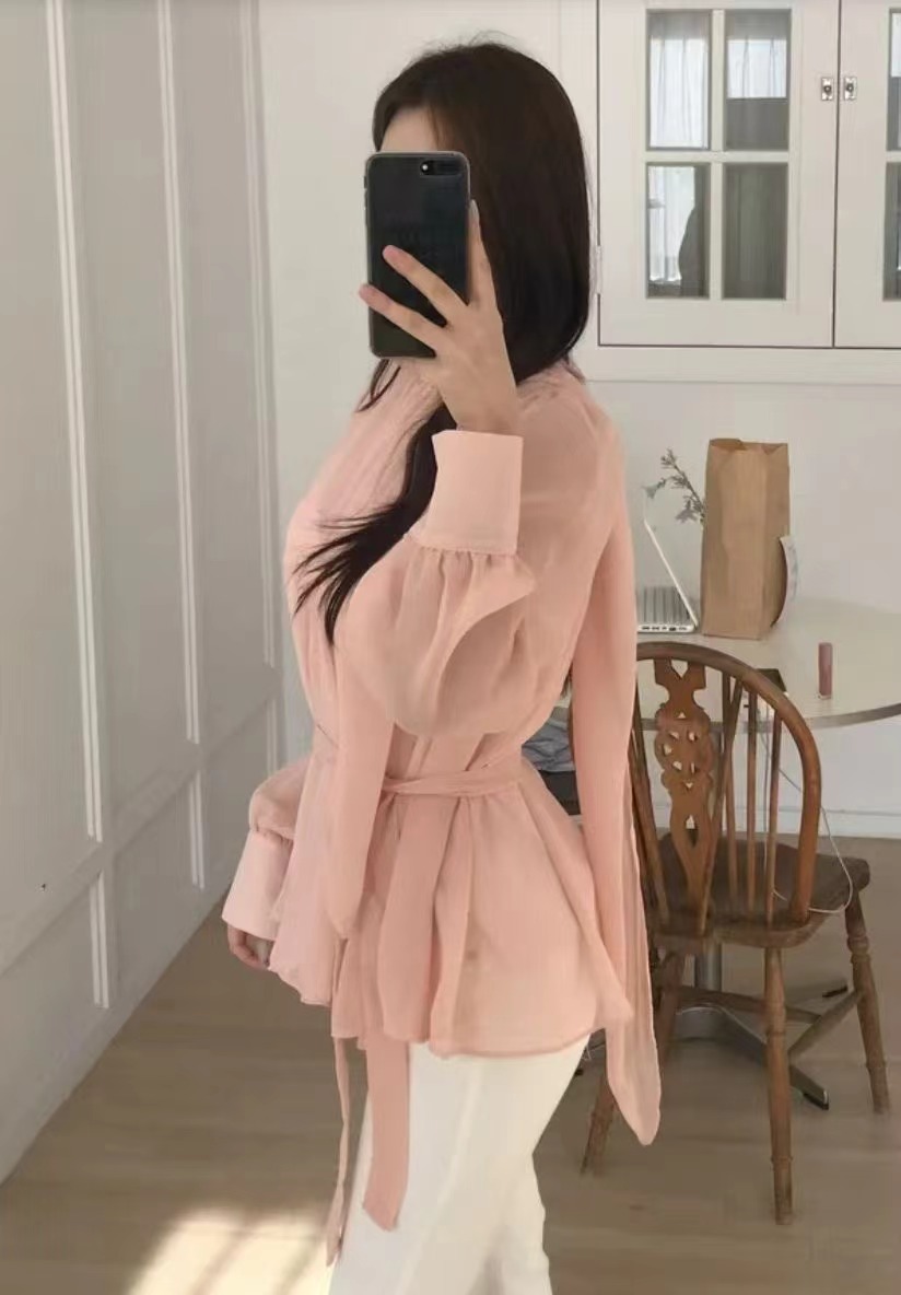 GOSSIP GIRL東大門直郵女士新款休閑襯衫蕾絲衫含腰帶雪紡羅紋GOSSIP GIRL襯衫/蕾絲衫