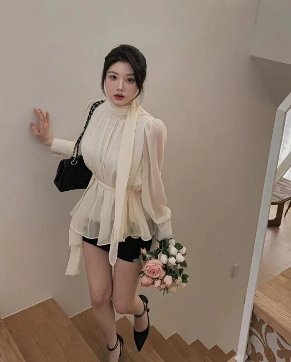 GOSSIP GIRL東大門直郵女士新款休閑襯衫蕾絲衫含腰帶雪紡羅紋GOSSIP GIRL襯衫/蕾絲衫圖色1