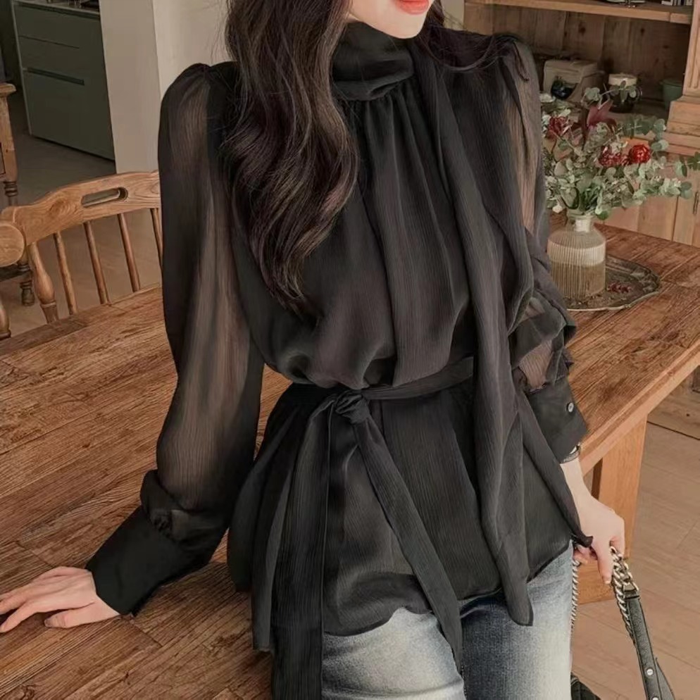 GOSSIP GIRL東大門直郵女士新款休閑襯衫蕾絲衫含腰帶雪紡羅紋GOSSIP GIRL襯衫/蕾絲衫圖色3