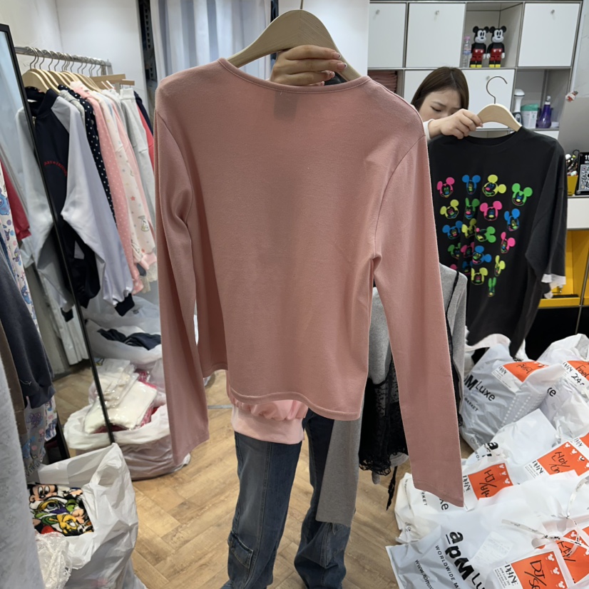 DE LINE韓國直郵實拍女裝新品熱賣休閑26春夏長袖T恤紐扣DE LINE長袖T恤