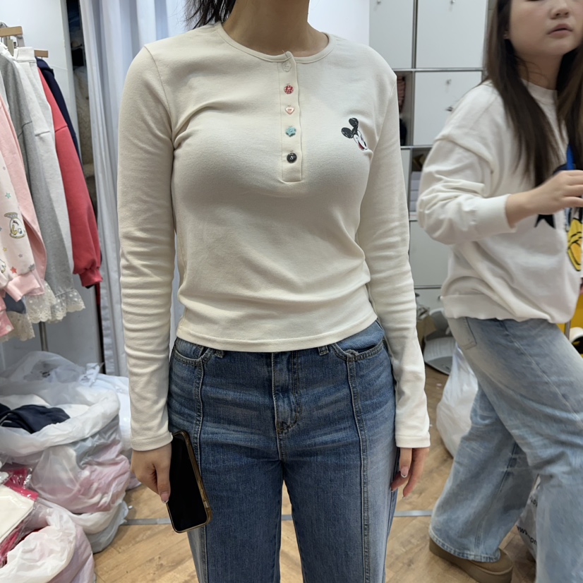 DE LINE韓國直郵實拍女裝新品熱賣休閑26春夏長袖T恤紐扣DE LINE長袖T恤圖色3