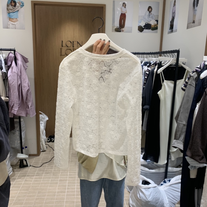 LOFN韓國代購女士新品休閑時尚職業長袖T恤不含內搭鉤針編織LOFN長袖T恤