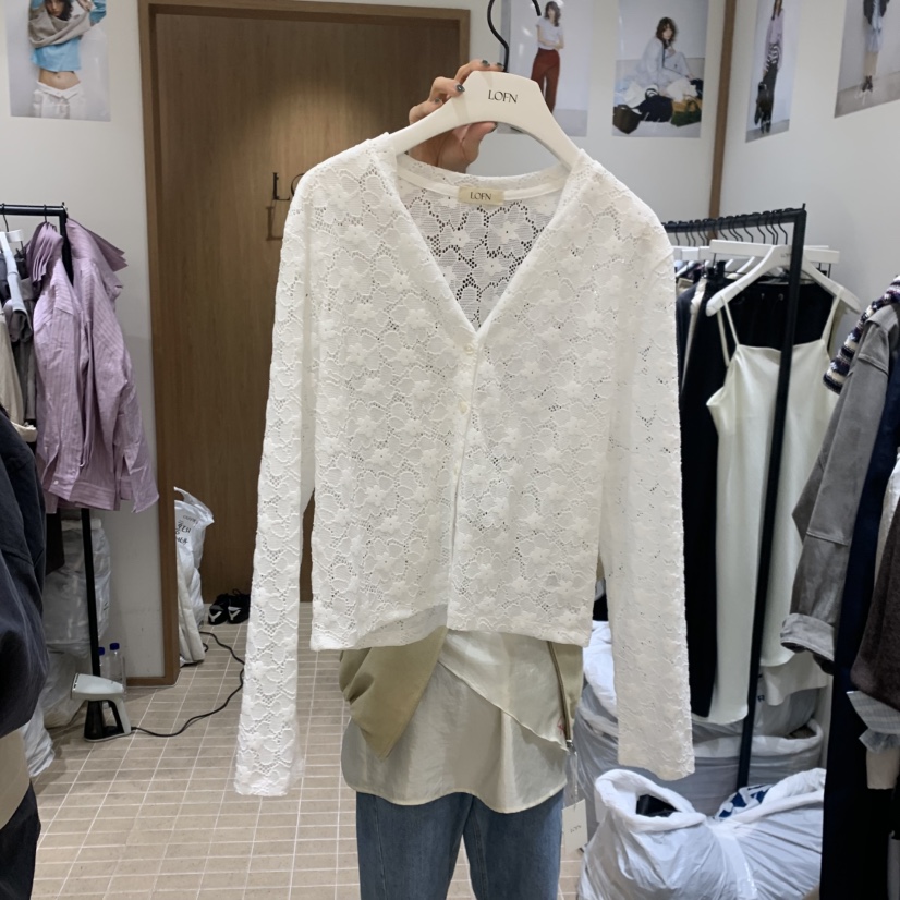 LOFN韓國代購女士新品休閑時尚職業長袖T恤不含內搭鉤針編織LOFN長袖T恤圖色2