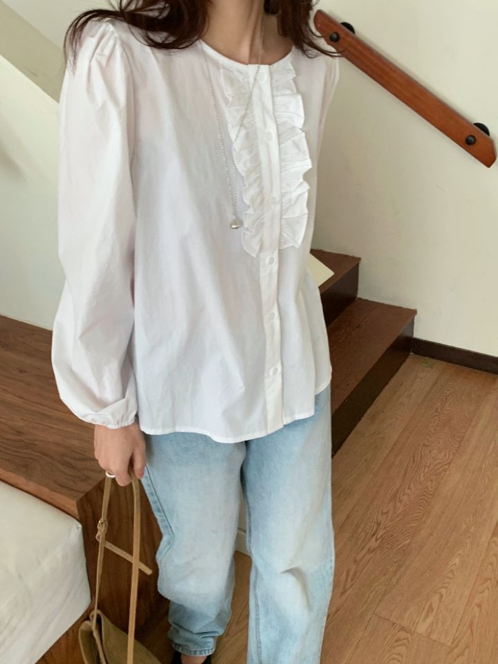 KOMOREBI韓國直郵女裝新品推薦人氣時尚襯衫蕾絲衫荷葉邊KOMOREBI襯衫/蕾絲衫