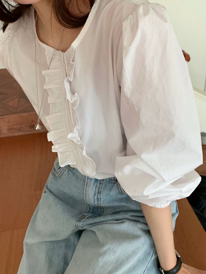 KOMOREBI韓國直郵女裝新品推薦人氣時尚襯衫蕾絲衫荷葉邊KOMOREBI襯衫/蕾絲衫