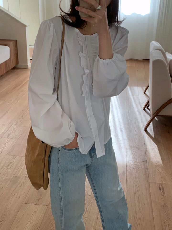 KOMOREBI韓國直郵女裝新品推薦人氣時尚襯衫蕾絲衫荷葉邊KOMOREBI襯衫/蕾絲衫