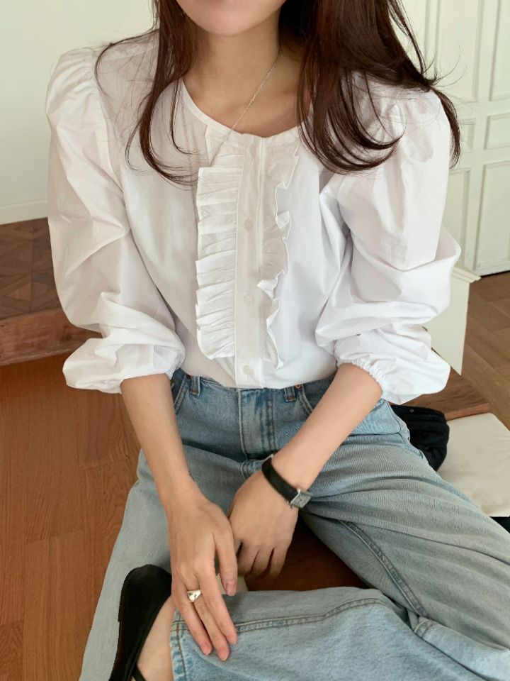 KOMOREBI韓國直郵女裝新品推薦人氣時尚襯衫蕾絲衫荷葉邊KOMOREBI襯衫/蕾絲衫