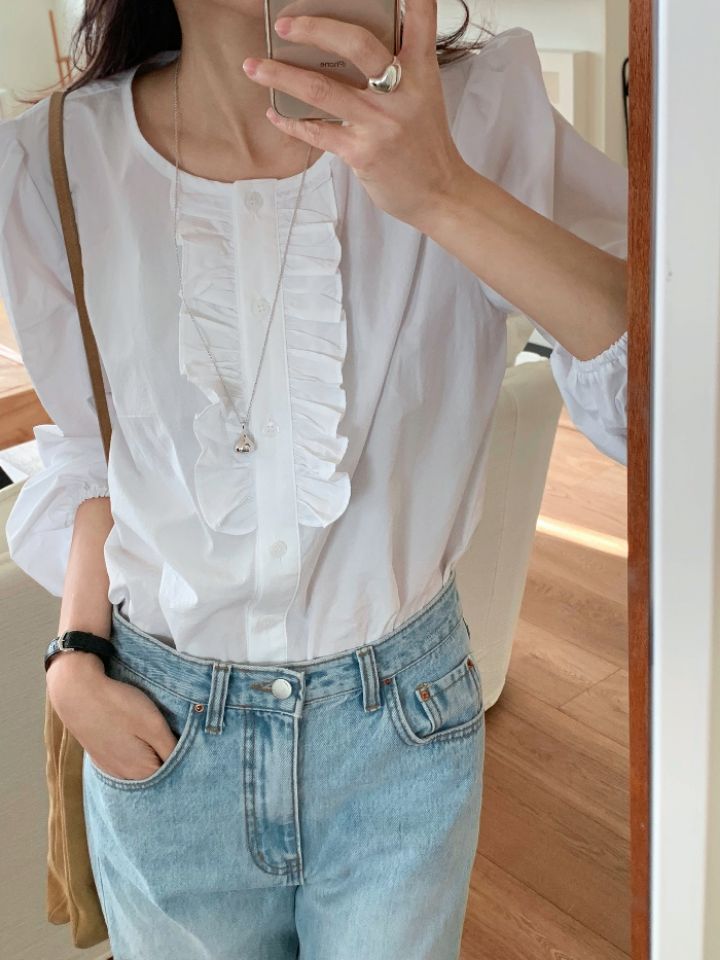 KOMOREBI韓國直郵女裝新品推薦人氣時尚襯衫蕾絲衫荷葉邊KOMOREBI襯衫/蕾絲衫