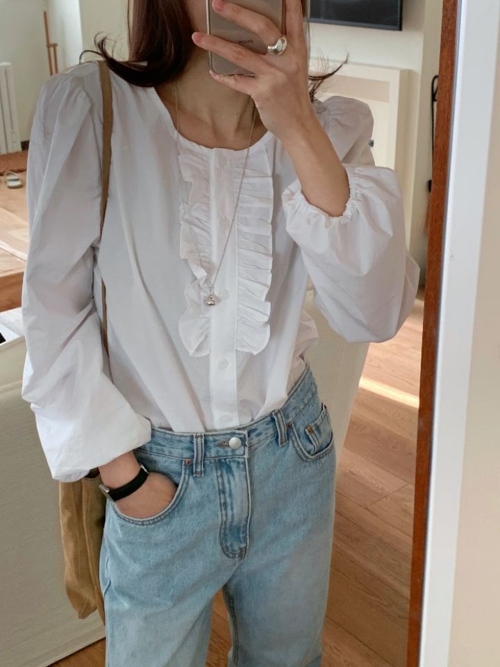 KOMOREBI韓國直郵女裝新品推薦人氣時尚襯衫蕾絲衫荷葉邊KOMOREBI襯衫/蕾絲衫圖色1