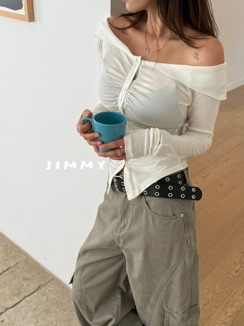 JIMMY韓國東大門代購女士新款推薦人氣休閑26春夏長袖T恤褶皺JIMMY/REMAKE長袖T恤