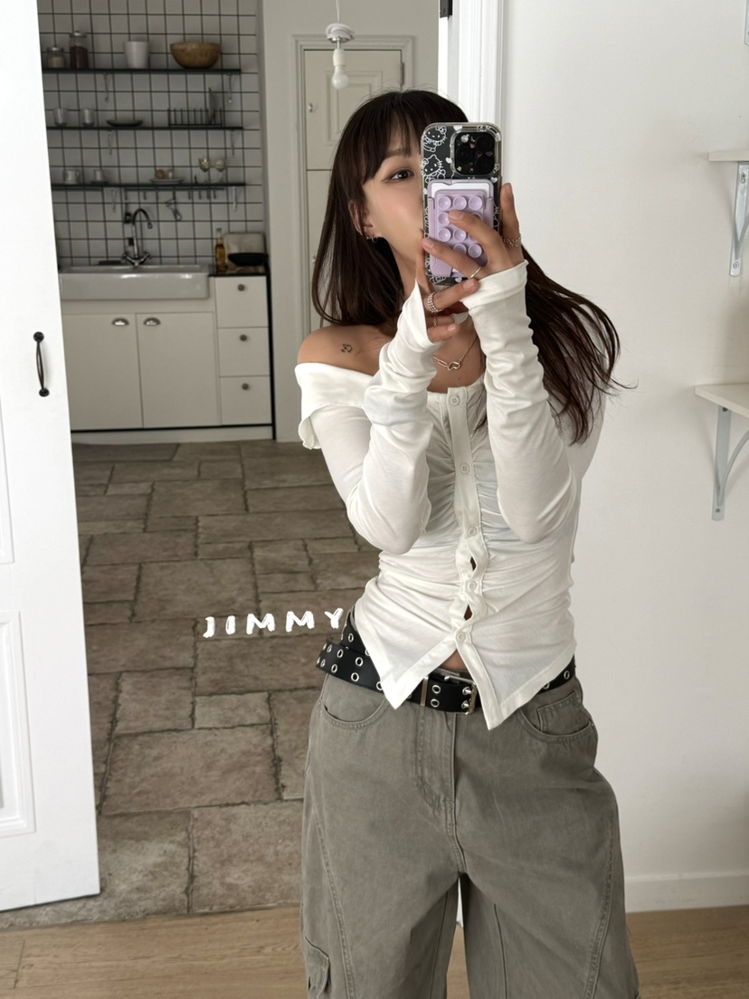 JIMMY韓國東大門代購女士新款推薦人氣休閑26春夏長袖T恤褶皺JIMMY/REMAKE長袖T恤