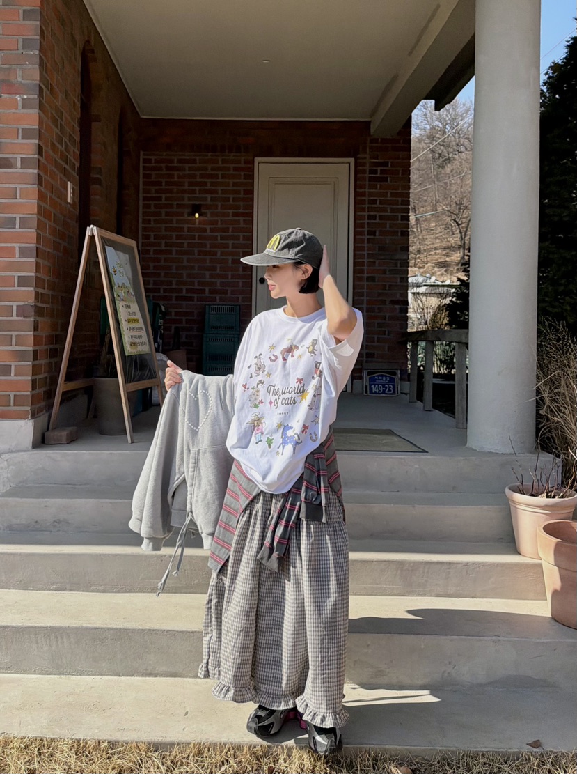 THE LINE-Q韓國直郵實拍女士新款人氣26春夏熱賣長裙格子THE LINE-Q長裙