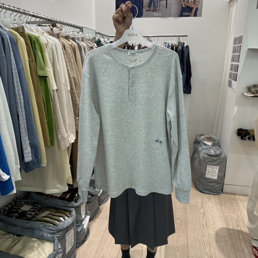 REIRAI韓國代購女士新款人氣時尚推薦職業長袖T恤華夫格紐扣Reirai長袖T恤圖色3