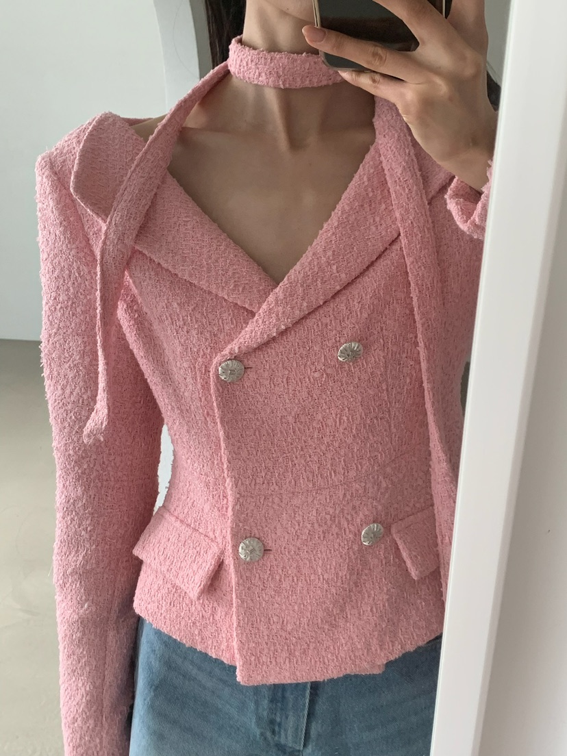 VERANDA韓國直郵實拍女裝新品熱賣職業時尚夾克含脖帶粗花呢VERANDA夾克