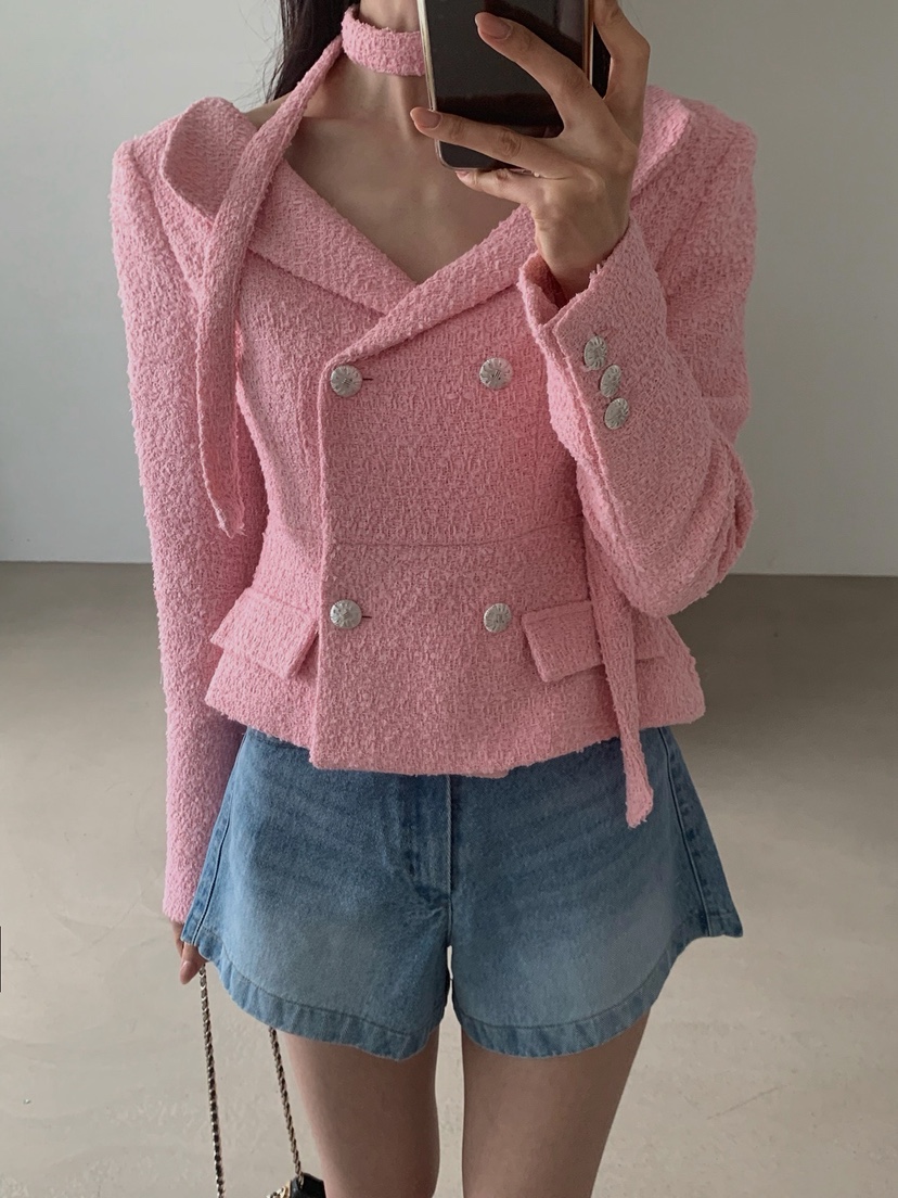 VERANDA韓國直郵實拍女裝新品熱賣職業時尚夾克含脖帶粗花呢VERANDA夾克