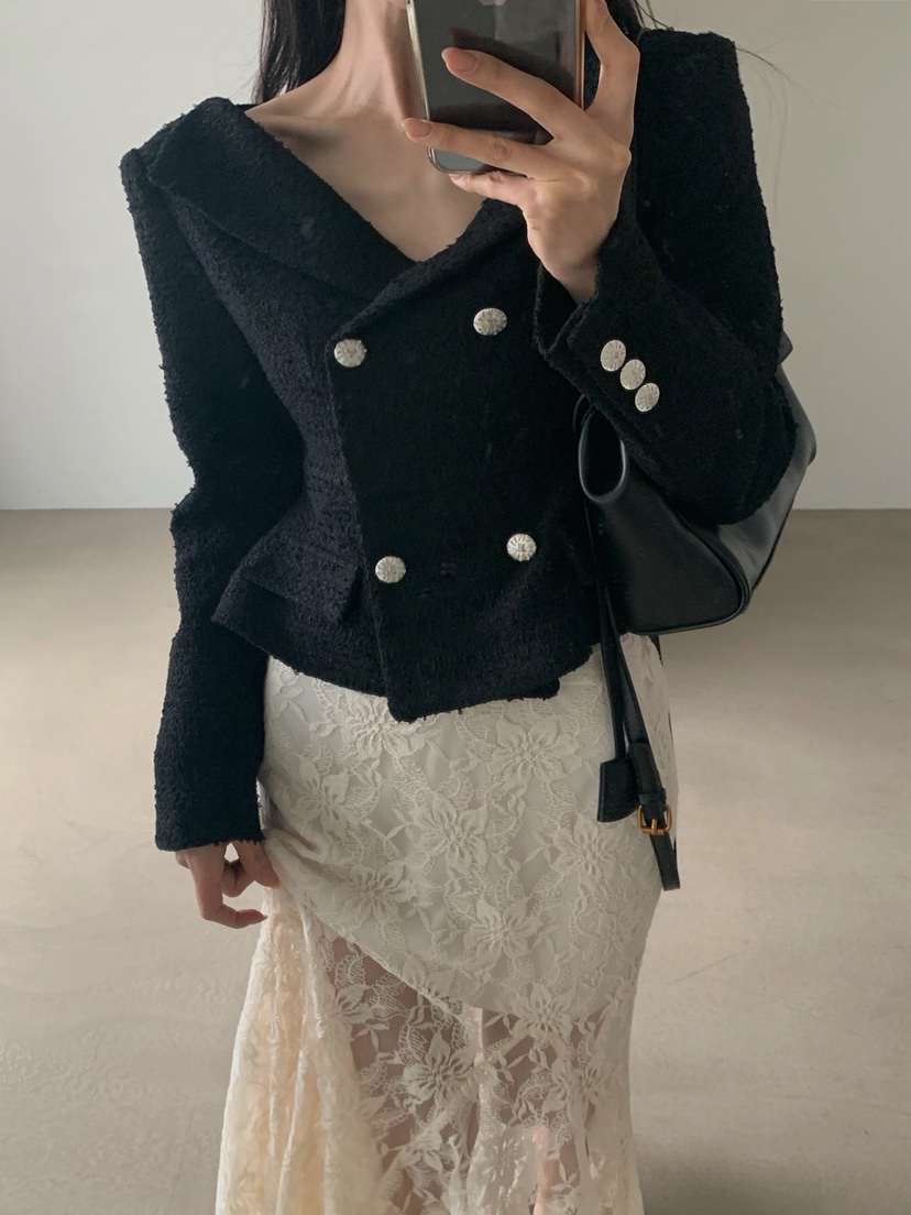 VERANDA韓國直郵實拍女裝新品熱賣職業時尚夾克含脖帶粗花呢VERANDA夾克