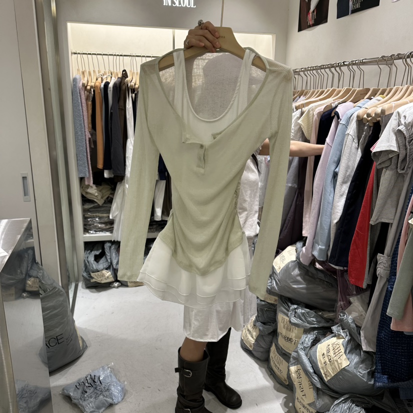 BERTHA韓國東大門直郵女裝新款休閑時尚熱賣長袖T恤假兩件BERTHA長袖T恤圖色2