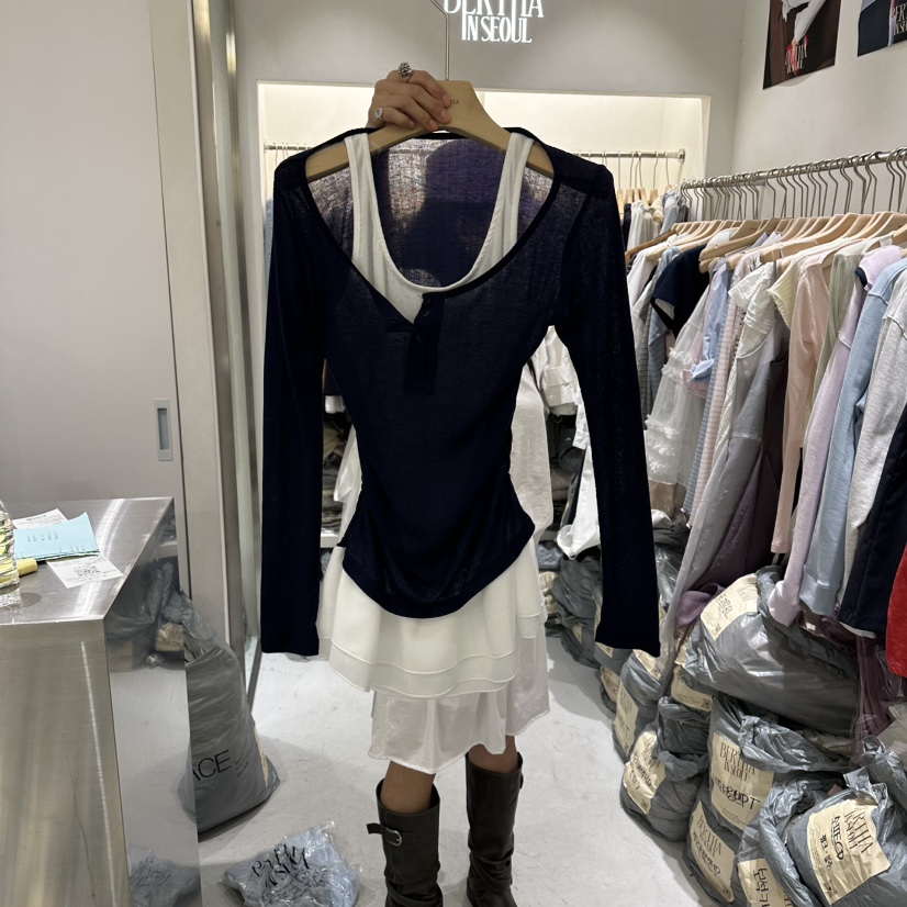 BERTHA韓國東大門直郵女裝新款休閑時尚熱賣長袖T恤假兩件BERTHA長袖T恤圖色3