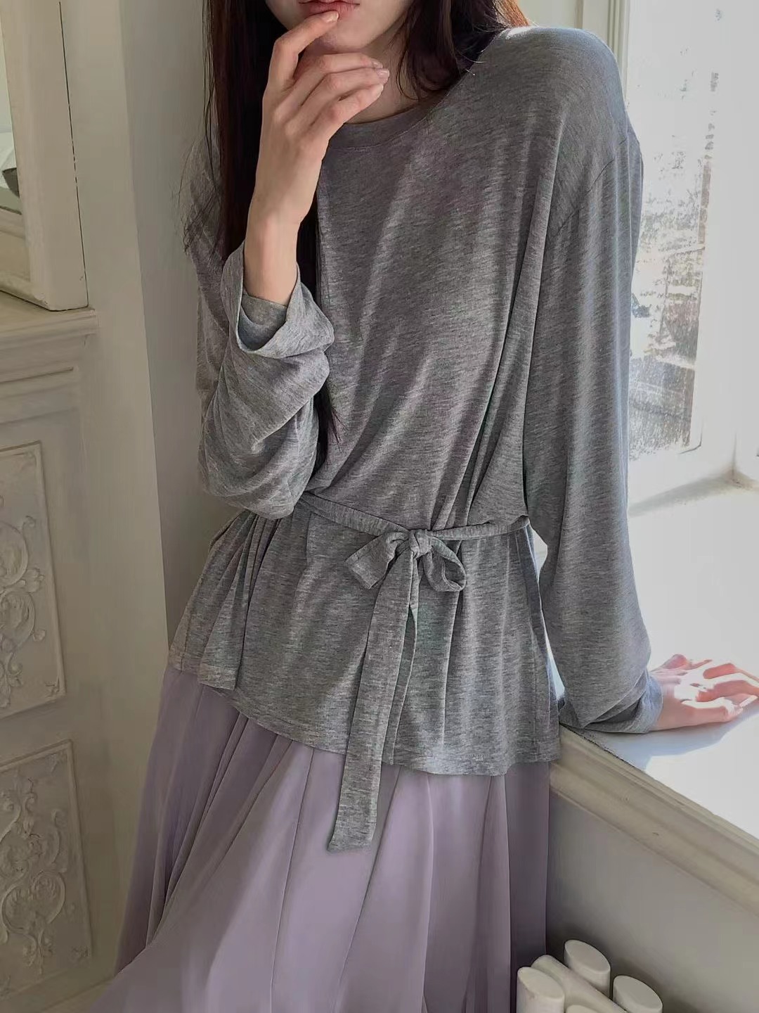 SOUFFLE韓國直郵女裝新款真品人氣休閑職業長袖T恤含腰繩SOUFFLE長袖T恤