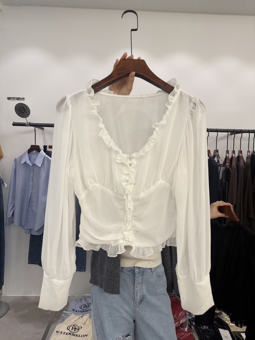 WATERMELON韓國東大門直郵女士新品推薦襯衫蕾絲衫荷葉邊雪紡WATER MELON襯衫/蕾絲衫圖色1