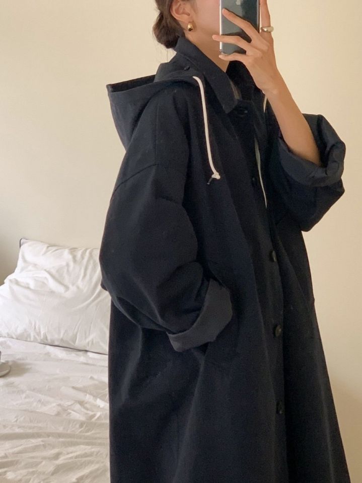 STAY HERE韓國直郵女裝新款推薦26春夏職業長款風衣連帽STAY HERE長款風衣
