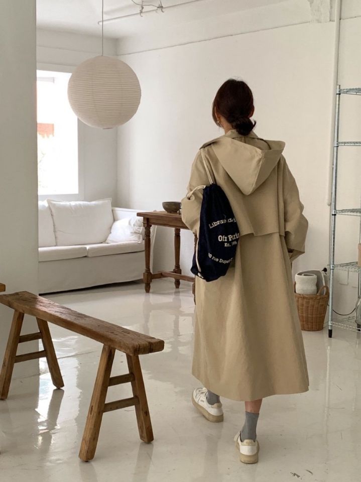 STAY HERE韓國直郵女裝新款推薦26春夏職業長款風衣連帽STAY HERE長款風衣