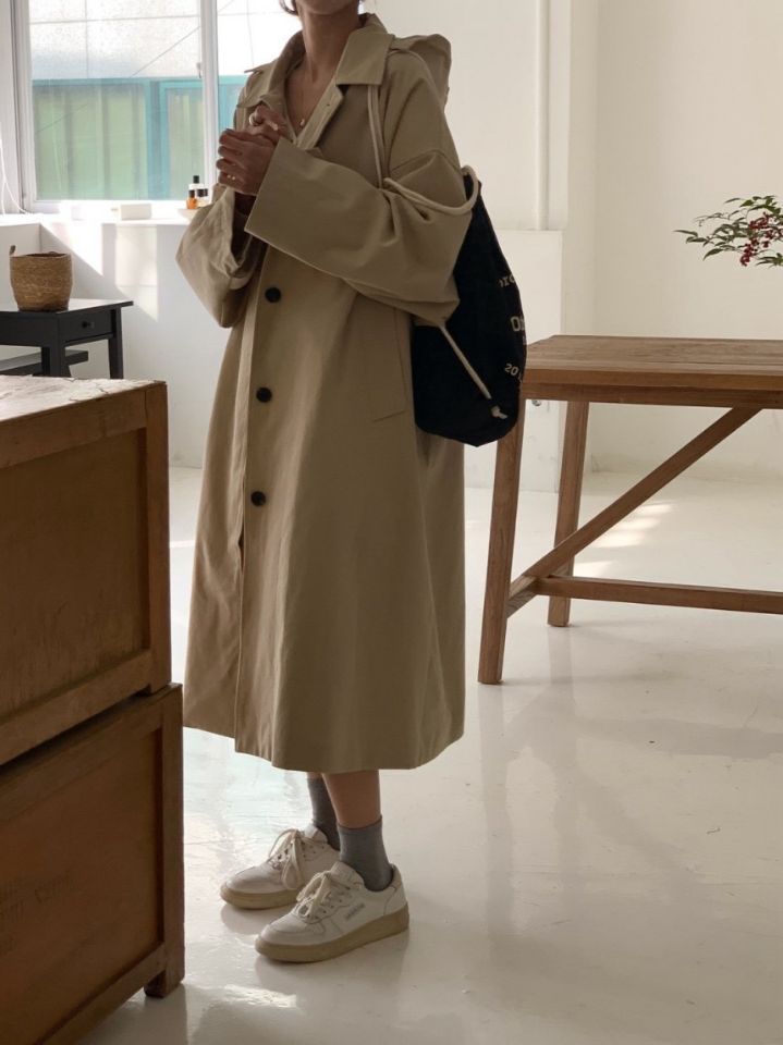 STAY HERE韓國直郵女裝新款推薦26春夏職業長款風衣連帽STAY HERE長款風衣