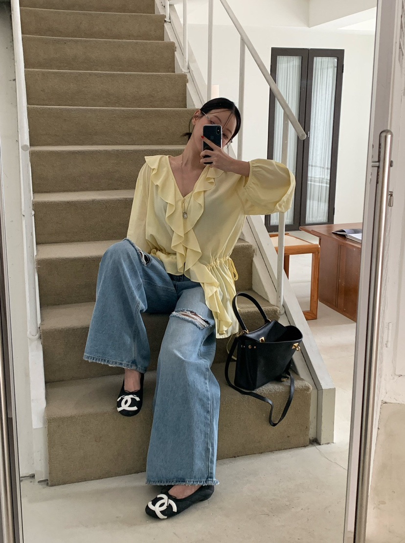 REVE CITE-L韓國直郵女裝新款休閑人氣襯衫蕾絲衫荷葉邊REVE CITE-L襯衫/蕾絲衫