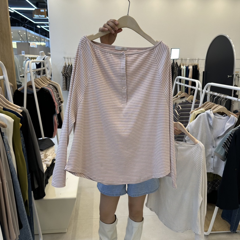 FUNNY POWDER韓國直郵女士新品推薦職業休閑長袖T恤露肩THE FUNNY長袖T恤圖色2