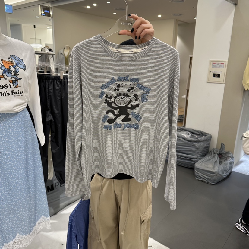COMBO東大門實拍女士新品職業人氣休閑時尚真品26春夏長袖T恤COM_BO長袖T恤圖色3灰白條紋