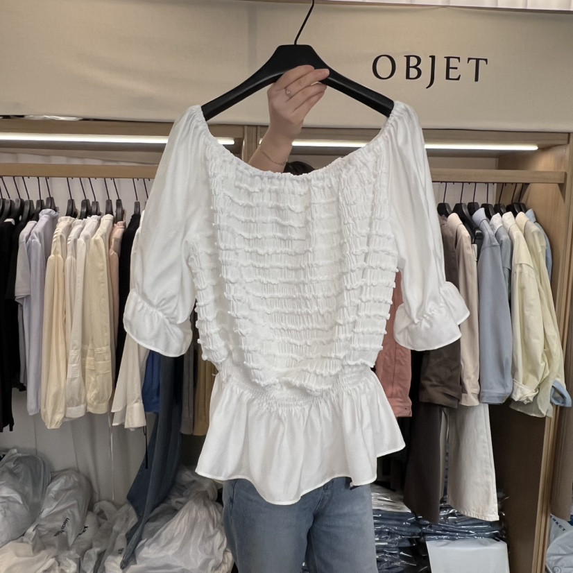 OBJET/LOVEUSU韓國東大門直郵女士新品時尚襯衫蕾絲衫露肩OBJET/LOVEUSU襯衫/蕾絲衫