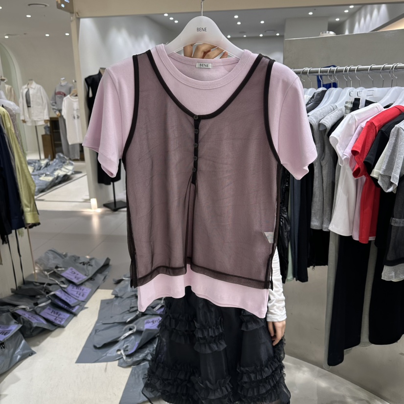 BENE韓國東大門代購女裝新品推薦時尚休閑26春夏T恤假兩件網眼BENET恤圖色2