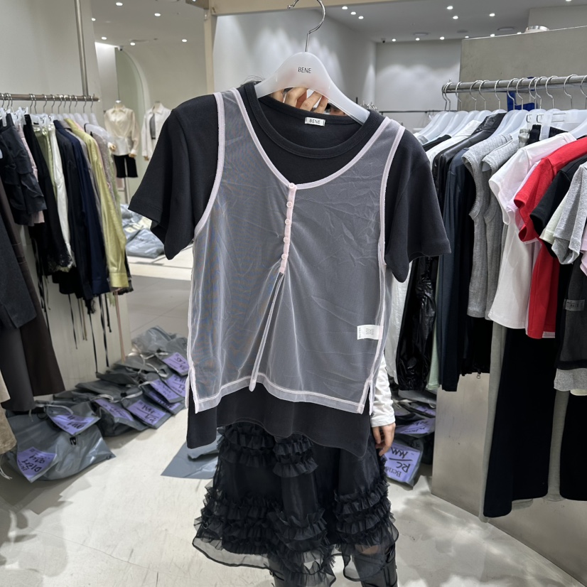 BENE韓國東大門代購女裝新品推薦時尚休閑26春夏T恤假兩件網眼BENET恤圖色3