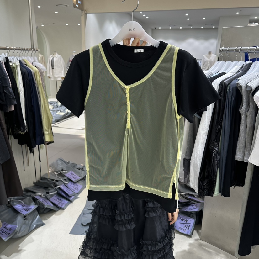 BENE韓國東大門代購女裝新品推薦時尚休閑26春夏T恤假兩件網眼BENET恤圖色4