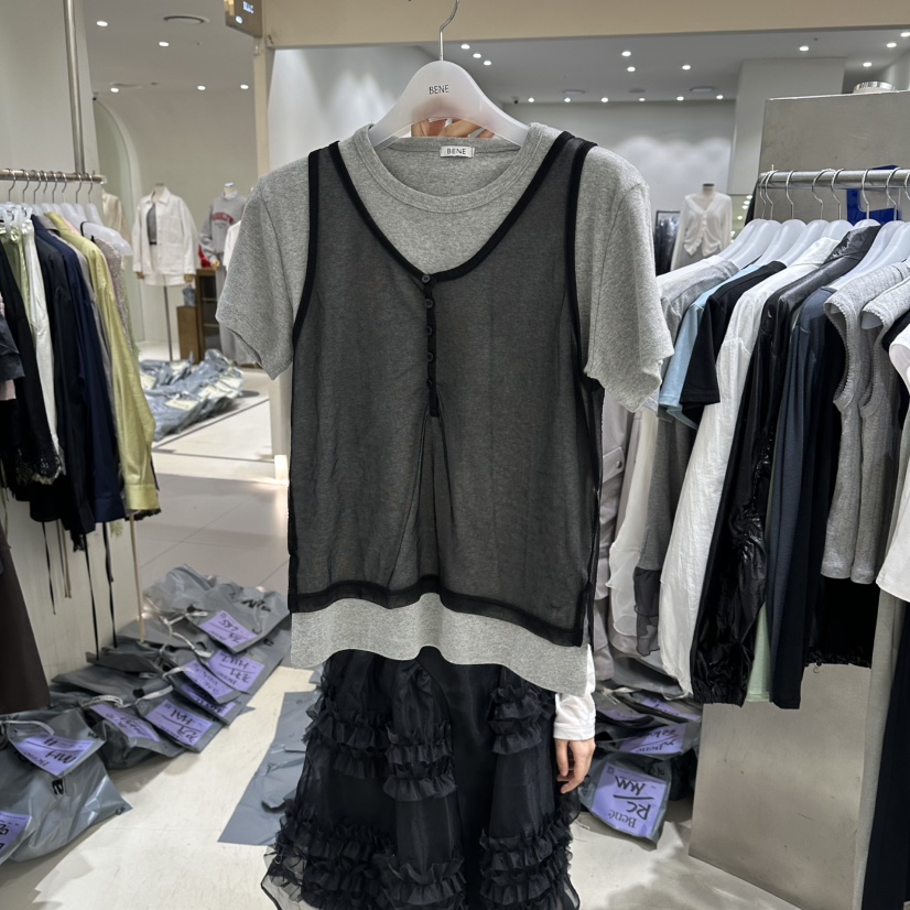BENE韓國東大門代購女裝新品推薦時尚休閑26春夏T恤假兩件網眼BENET恤圖色5