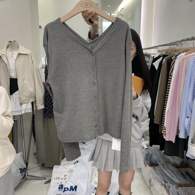 TAKE YOUE TIME韓國東大門直郵女士新品26春夏長袖T恤雙V領開衫TAKE YOUE TIME長袖T恤