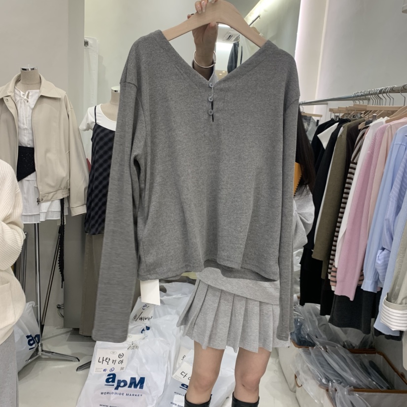 TAKE YOUE TIME韓國東大門直郵女士新品26春夏長袖T恤雙V領開衫TAKE YOUE TIME長袖T恤圖色2