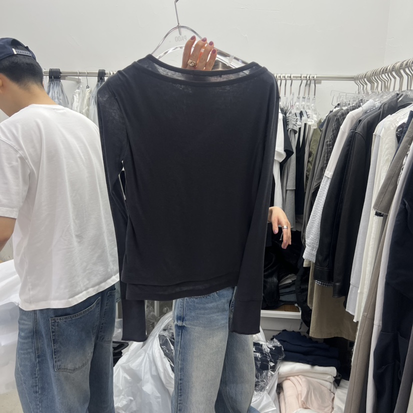 PADO韓國代購女士新品時尚職業26春夏長袖T恤假兩件雙排扣PADO長袖T恤